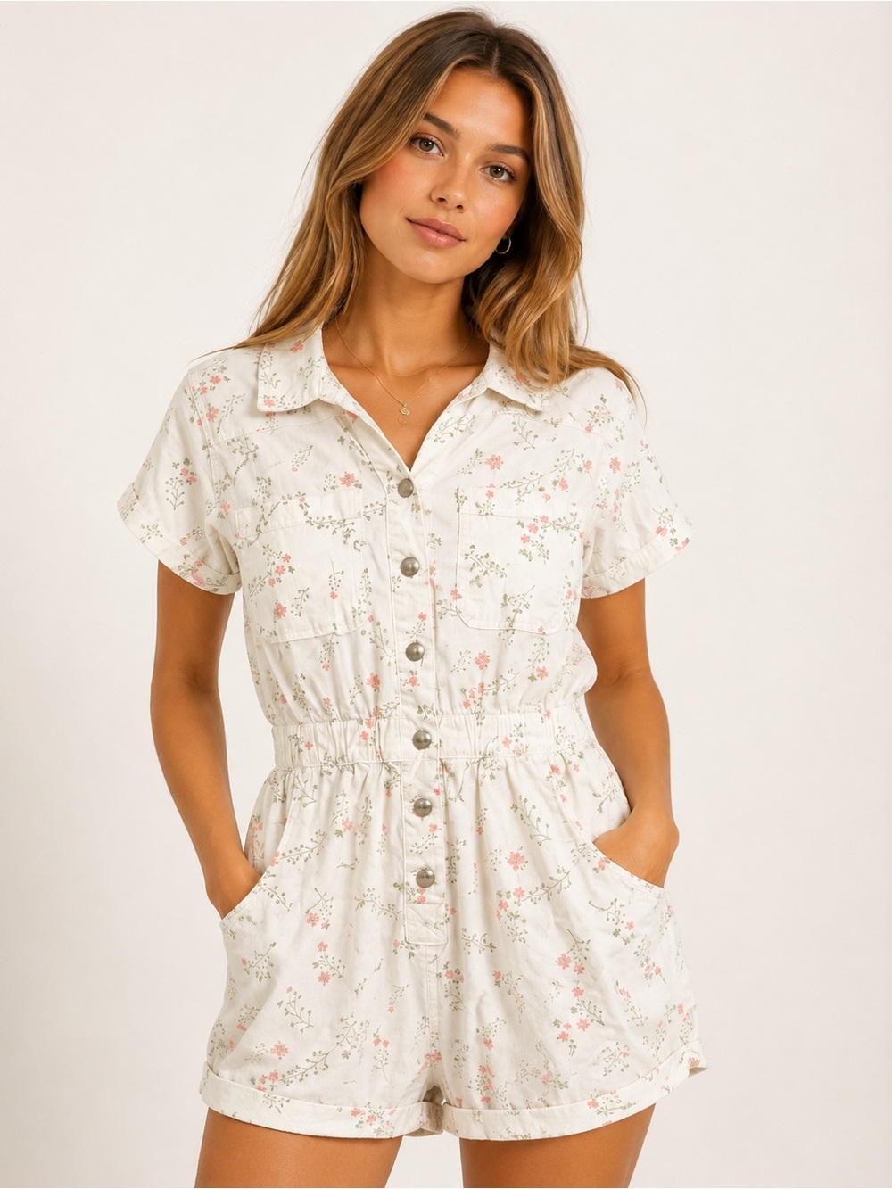 Celebrity Pink Floral Button Front Romper Girls M (7-9) White